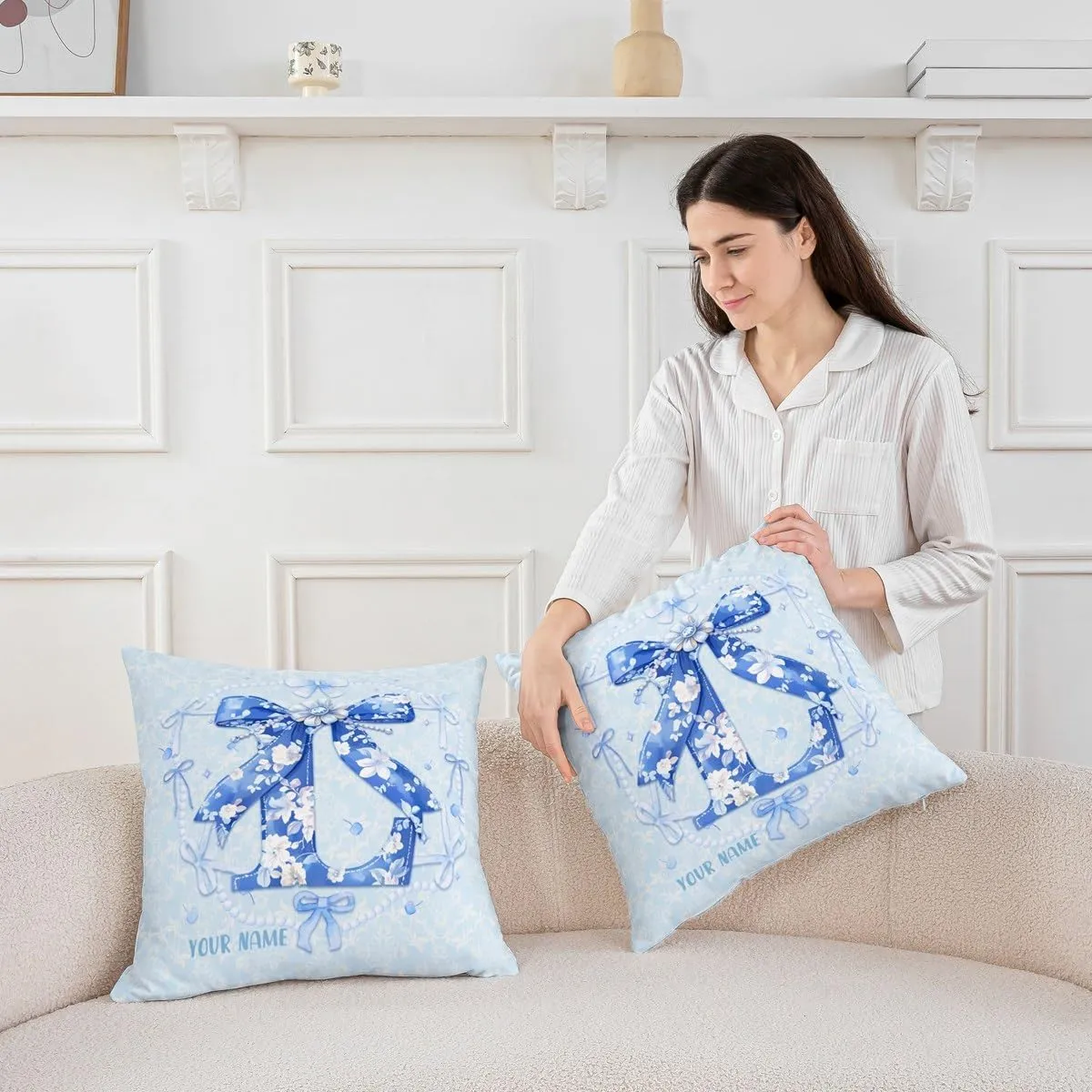 Erosebridal Customized Blue Bow Pillow Covers Set of 2 for Teen Girls Floral Letter L Throw Pillow Covers Coquette Aesthetic Bowknot Decor Spring Flower Cushion Cases with Floral Bow,22x22 Inch(L)