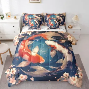 Erosebridal Japanese Style Koi Fish Full Comforter Set with Sheets,Pink Cherry Blossom Flower Bedding Set 7 Piece,Tokyo Oriental Asian Bed in a Bag Aesthetic Bed Set with Pillow Cases & Covers
