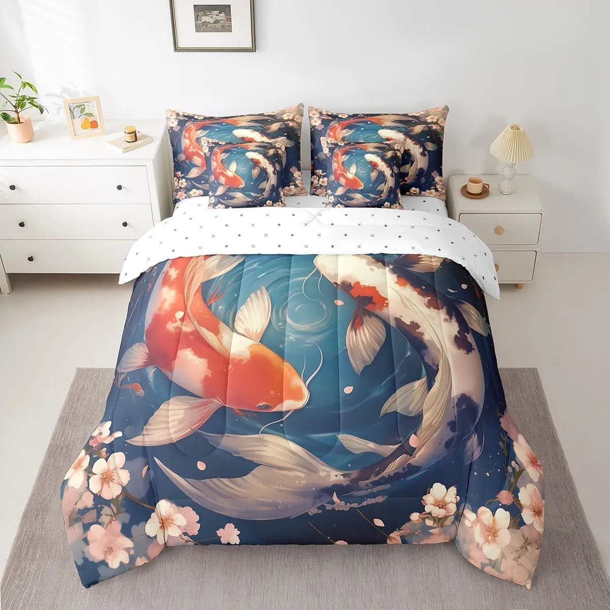 Erosebridal Japanese Style Koi Fish Full Comforter Set with Sheets,Pink Cherry Blossom Flower Bedding Set 7 Piece,Tokyo Oriental Asian Bed in a Bag Aesthetic Bed Set with Pillow Cases & Covers