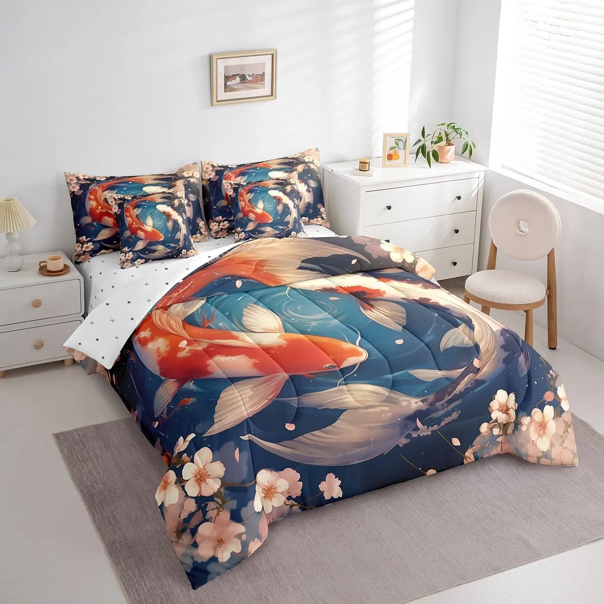 Erosebridal Japanese Style Koi Fish Full Comforter Set with Sheets,Pink Cherry Blossom Flower Bedding Set 7 Piece,Tokyo Oriental Asian Bed in a Bag Aesthetic Bed Set with Pillow Cases & Covers