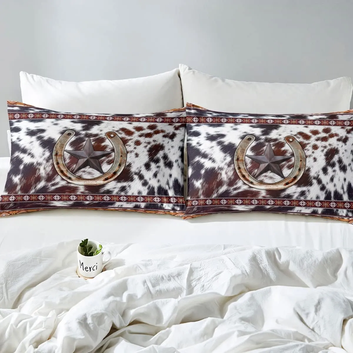 Erosebridal Texas Star Horseshoe Bed Sheets King Southwestern Boho Aztec Bed Sheet Set Western Cowhide Bedding Sheets Rustic Farmhouse Room Decor,Cowboy Fitted Sheet   Flat Sheet   2 Pillow Cases