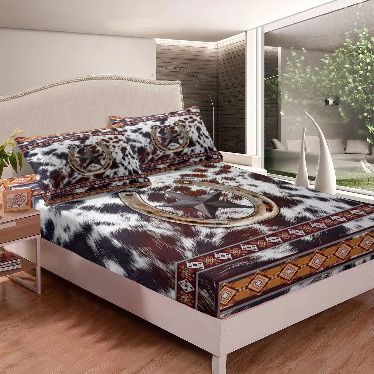 Erosebridal Texas Star Horseshoe Bed Sheets King Southwestern Boho Aztec Bed Sheet Set Western Cowhide Bedding Sheets Rustic Farmhouse Room Decor,Cowboy Fitted Sheet   Flat Sheet   2 Pillow Cases