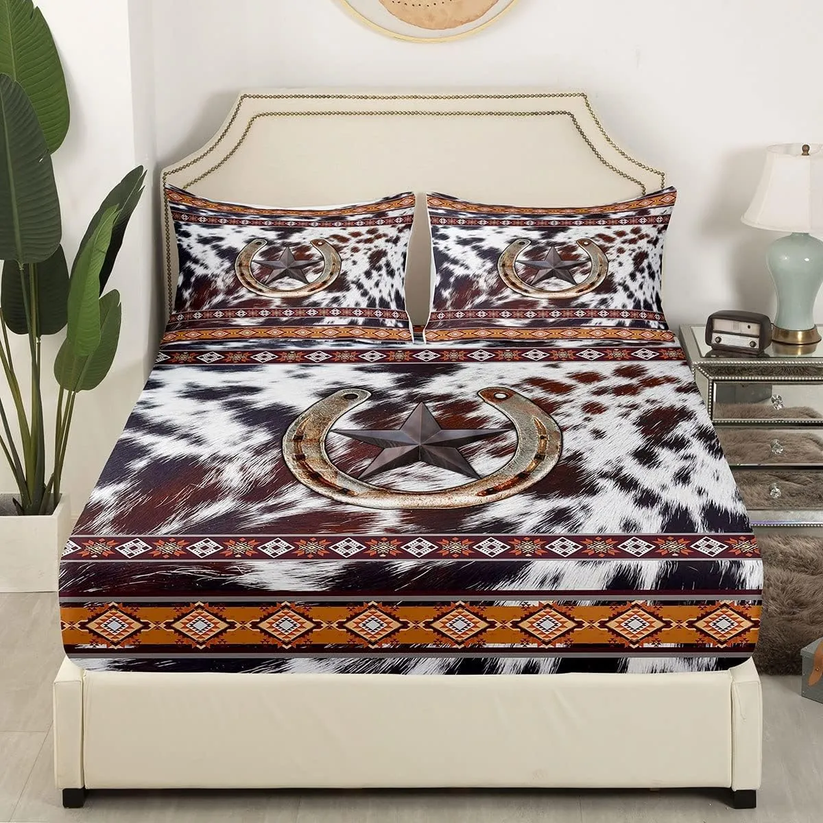 Erosebridal Texas Star Horseshoe Bed Sheets King Southwestern Boho Aztec Bed Sheet Set Western Cowhide Bedding Sheets Rustic Farmhouse Room Decor,Cowboy Fitted Sheet   Flat Sheet   2 Pillow Cases