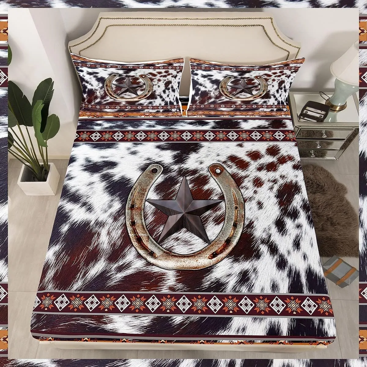 Erosebridal Texas Star Horseshoe Bed Sheets King Southwestern Boho Aztec Bed Sheet Set Western Cowhide Bedding Sheets Rustic Farmhouse Room Decor,Cowboy Fitted Sheet   Flat Sheet   2 Pillow Cases