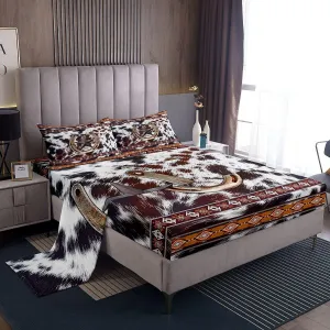 Erosebridal Texas Star Horseshoe Bed Sheets King Southwestern Boho Aztec Bed Sheet Set Western Cowhide Bedding Sheets Rustic Farmhouse Room Decor,Cowboy Fitted Sheet   Flat Sheet   2 Pillow Cases