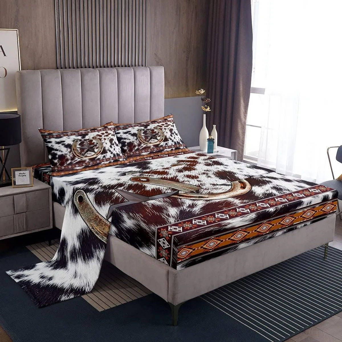 Erosebridal Texas Star Horseshoe Bed Sheets King Southwestern Boho Aztec Bed Sheet Set Western Cowhide Bedding Sheets Rustic Farmhouse Room Decor,Cowboy Fitted Sheet   Flat Sheet   2 Pillow Cases