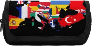Europe Flags Map Funny Pencil Case Bag Double Pen Pouch Travel Makeup Cosmetic Organizer for Men Women