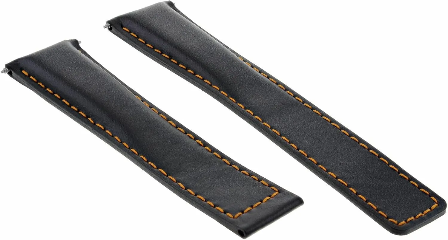 Ewatchparts 20mm Leather Watch Band Strap Compatible With Tag Heuer Carrera Calibre16 CV2014 Black With Orange Stitching