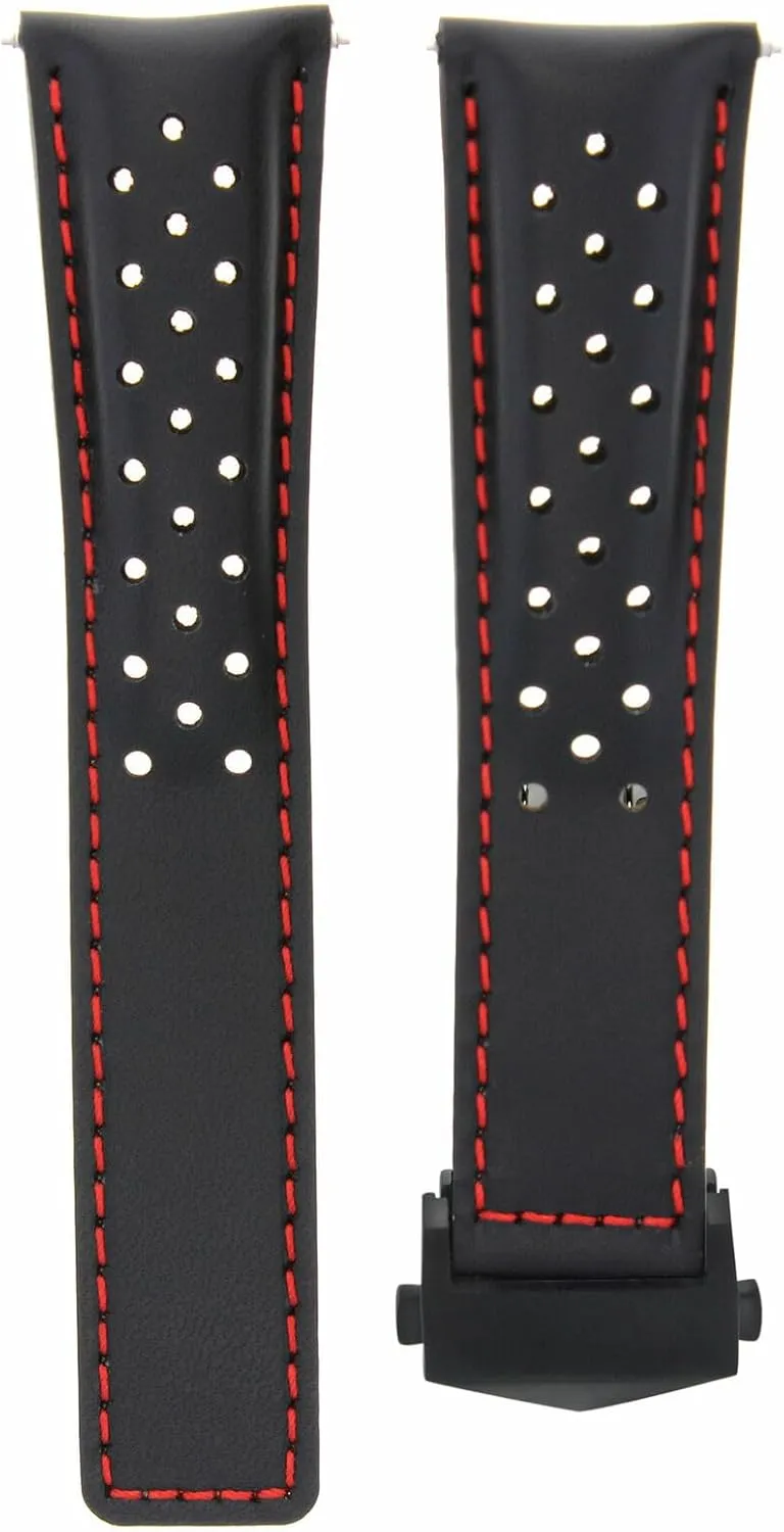 Ewatchparts 22mm Leather Watch Band Strap Compatible With Tag Heuer Carrera Calibre 16 36 Black Red Perforated