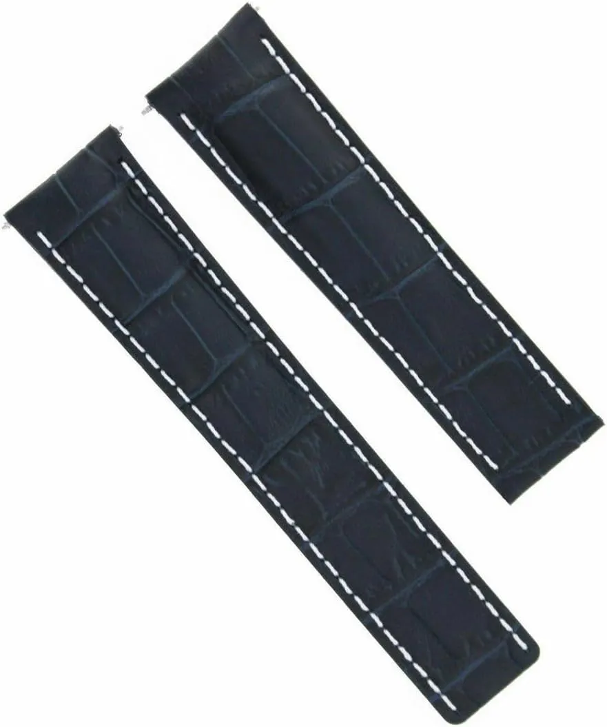 Ewatchparts 22mm Leather Watch Band Strap Compatible With Tag Heuer Carrera Monaco Watch 22/20mm Blue With White Stitching