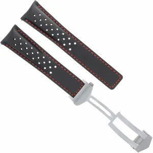 Ewatchparts 22mm Leather Watch Band Strap Compatible With Tag Heuer Grand Carrera Cav518 16 F1 Black Red Perforated
