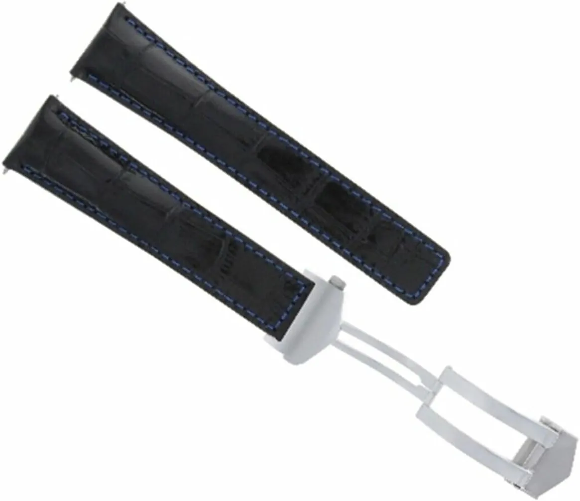 Ewatchparts 22mm Leather Watch Band Strap Deployment Clasp Compatible With Tag Heuer Monaco Calibre Black