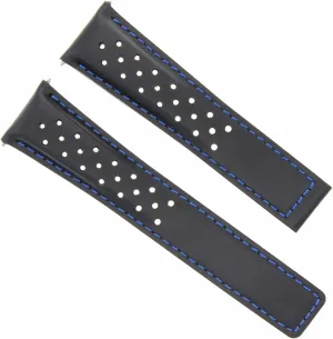 Ewatchparts Leather Watch Band Strap 20mm Compatible With Tag Heuer Carrera Perforated Black Blue Stitching