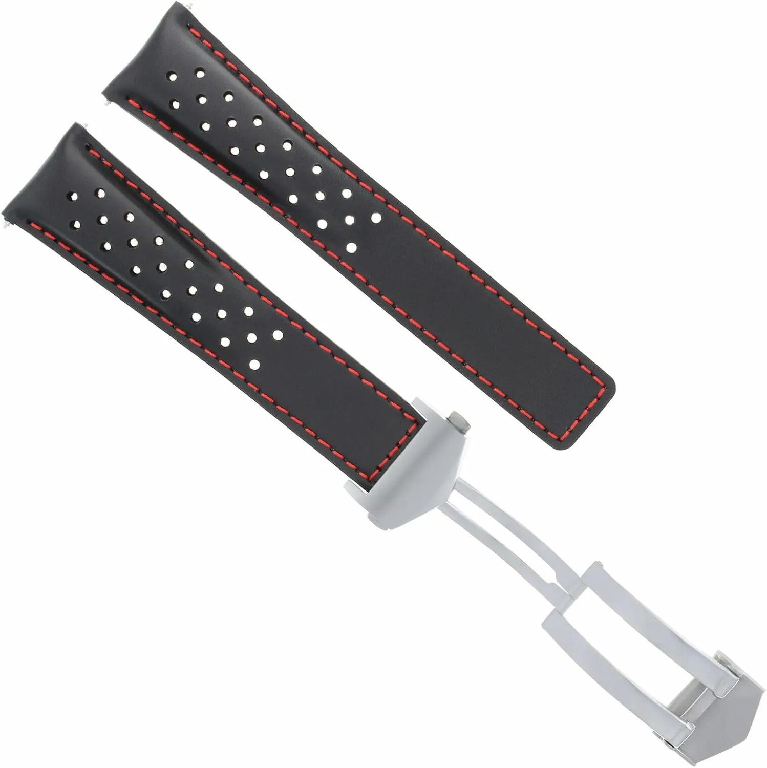 Ewatchparts Leather Watch Band Strap Clasp 22mm Compatible With Tag Heuer Carrera F1 Black With With Red Stitching Perforated