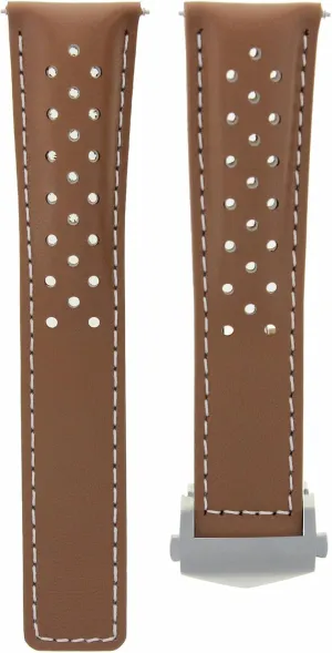 Ewatchparts Leather Watch Strap 20mm Compatible With Tag Heuer Carrera Watch With Deployment Clasp Tan With White Stitching
