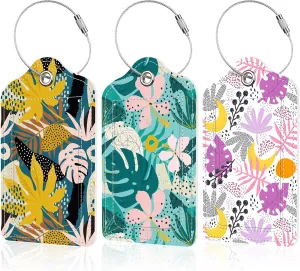 Exotic Tropical Flowers and Palm Leaves Luggage Tags Set of 3 PU Leather Suitcase Tags with Stainless Steel Loop and Privacy Cover for Travel Bag Handbag Suitcase