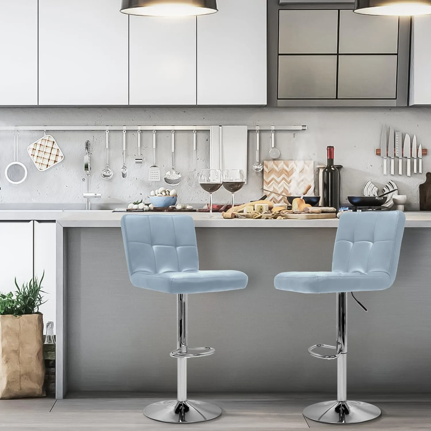 Extra Large Faux Leather Barstools Set of 2 - Adjustable Counter Height Armless Chairs with Larger Base, Swivel Stool for Bar, Living Room, Dining Room - Grey