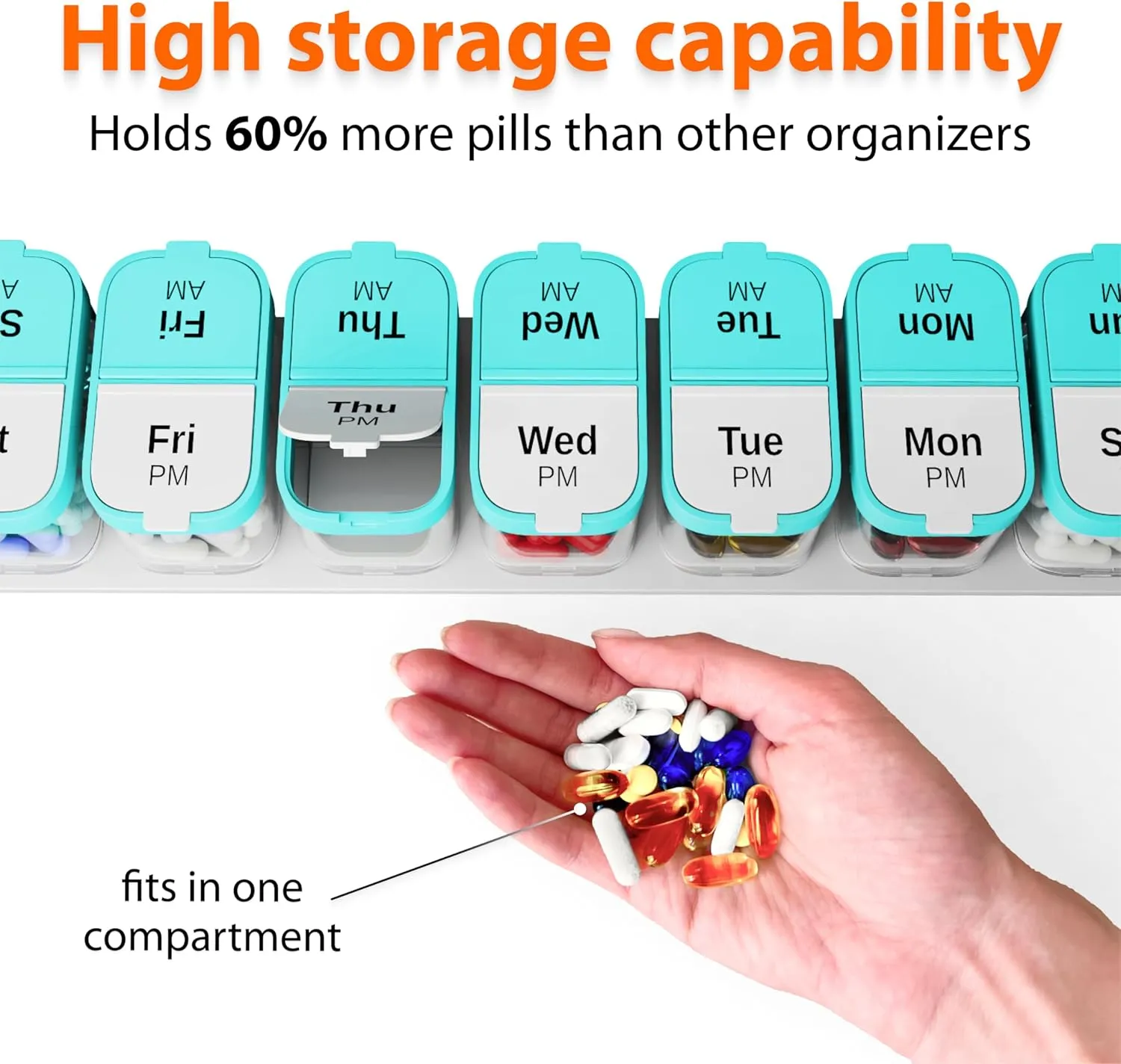 Extra Large Weekly Pill Organizer - XL Vitamin Holder with 7 Detachable AM PM Compartments - Portable Medicine Dispenser for Home and Travel, Big Supplement Container for Weekly or Daily Use, Mint