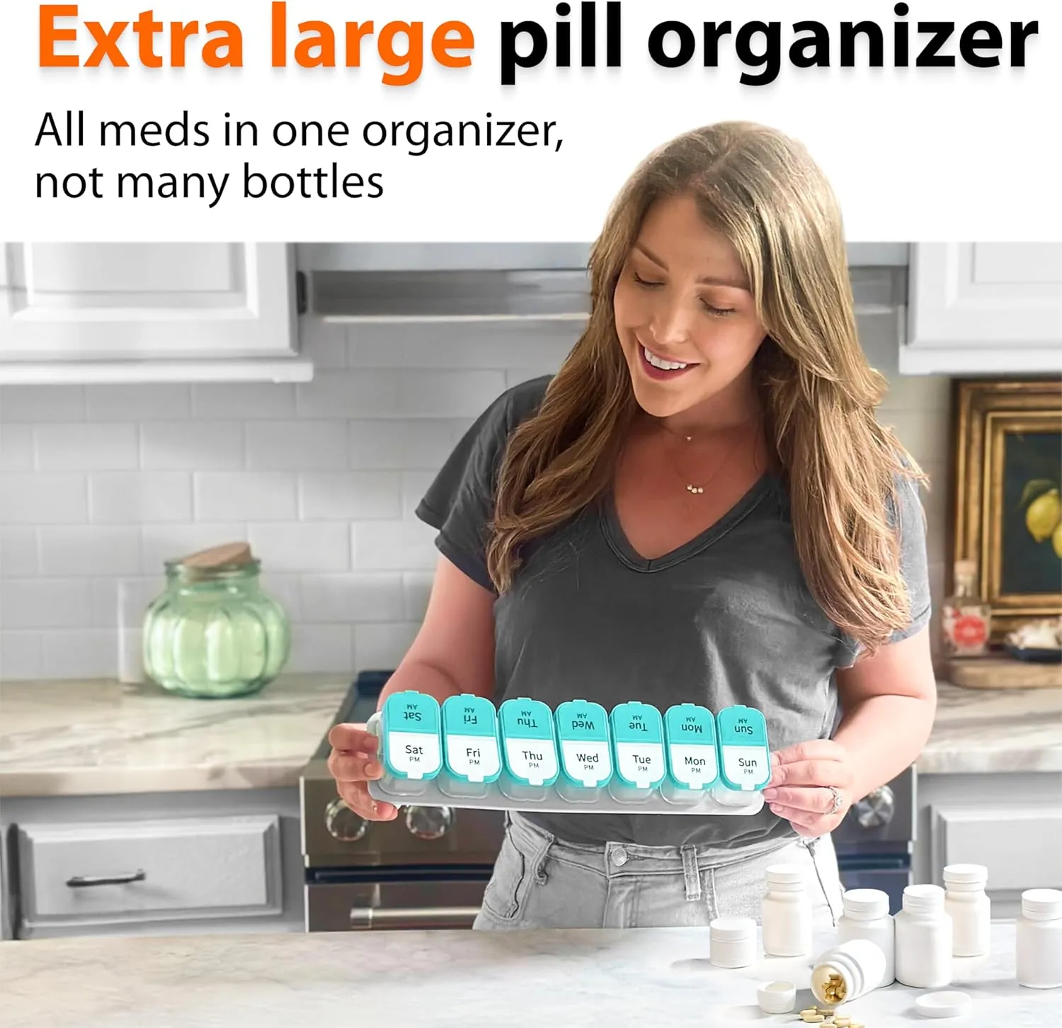 Extra Large Weekly Pill Organizer - XL Vitamin Holder with 7 Detachable AM PM Compartments - Portable Medicine Dispenser for Home and Travel, Big Supplement Container for Weekly or Daily Use, Mint