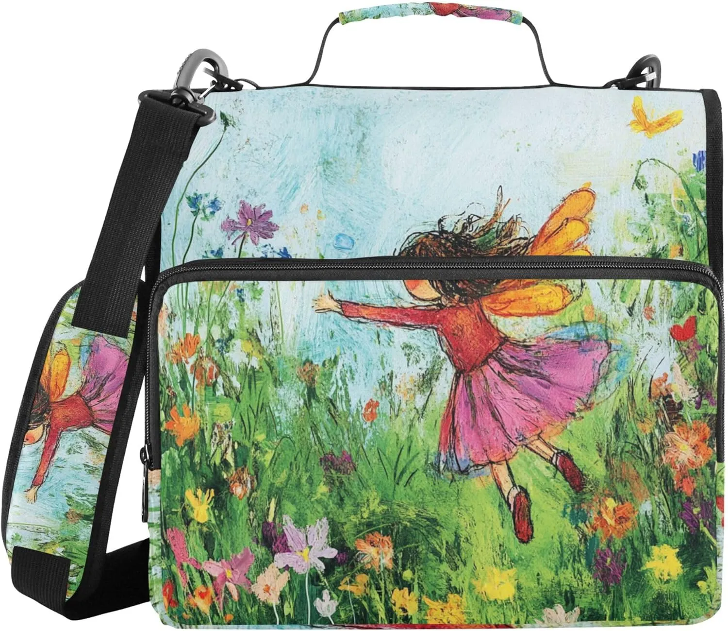 Fairy Flying Flower Garden Zippered Binder Bag with Shoulder Strap Multi-Pocket 1.5 Inch 3 Rings Pencil Case Portfolio Binder Stationery Supplies