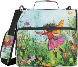 Fairy Flying Flower Garden Zippered Binder Bag with Shoulder Strap Multi-Pocket 1.5 Inch 3 Rings Pencil Case Portfolio Binder Stationery Supplies