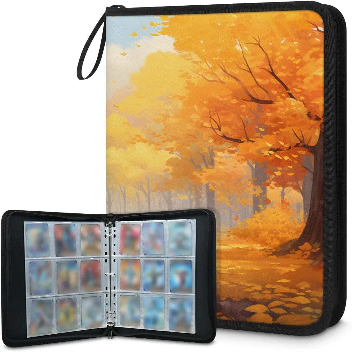 Fall Leaves 3 Ring Trading Zipper Binder Strap, Trading Card Binder 9 Pocket, 900 Pockets Card Holder with 50 Removable Sleeves for Game Cards