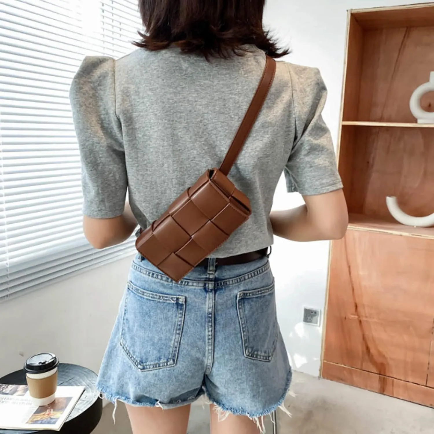 Fanny Pack with Convertible Crossbody Shoulder Bag for Women, Woven Cassette-Style Handbag Purse with Adjustable Belt (Coffee)