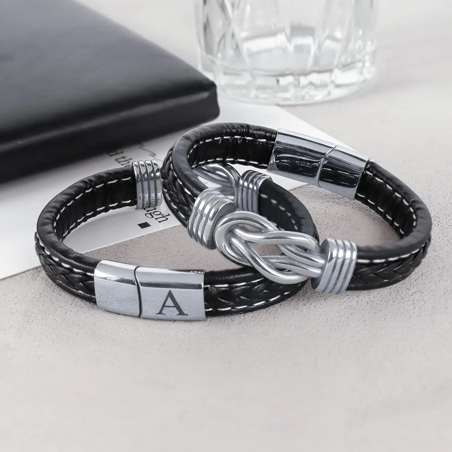 Fathers Gifts for Dad Grandpa Husband Son, Initial Leather Bracelet for Men, Stainless Steel Black Knot Bracelet for Mens Jewelry, Gifts for Men Teen Boys