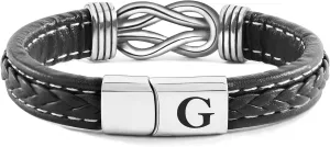 Fathers Gifts for Dad Grandpa Husband Son, Initial Leather Bracelet for Men, Stainless Steel Black Knot Bracelet for Mens Jewelry, Gifts for Men Teen Boys