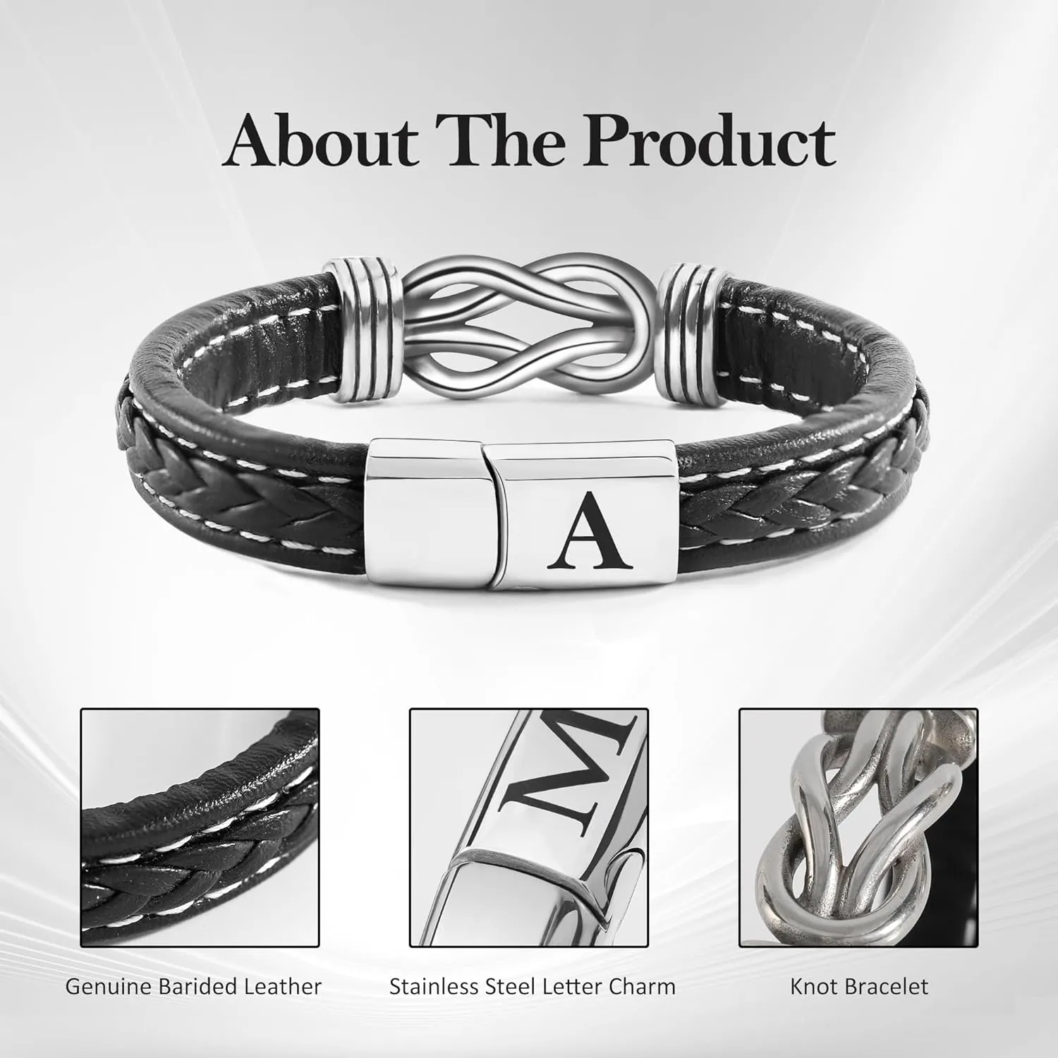 Fathers Gifts for Dad Grandpa Husband Son, Initial Leather Bracelet for Men, Stainless Steel Black Knot Bracelet for Mens Jewelry, Gifts for Men Teen Boys