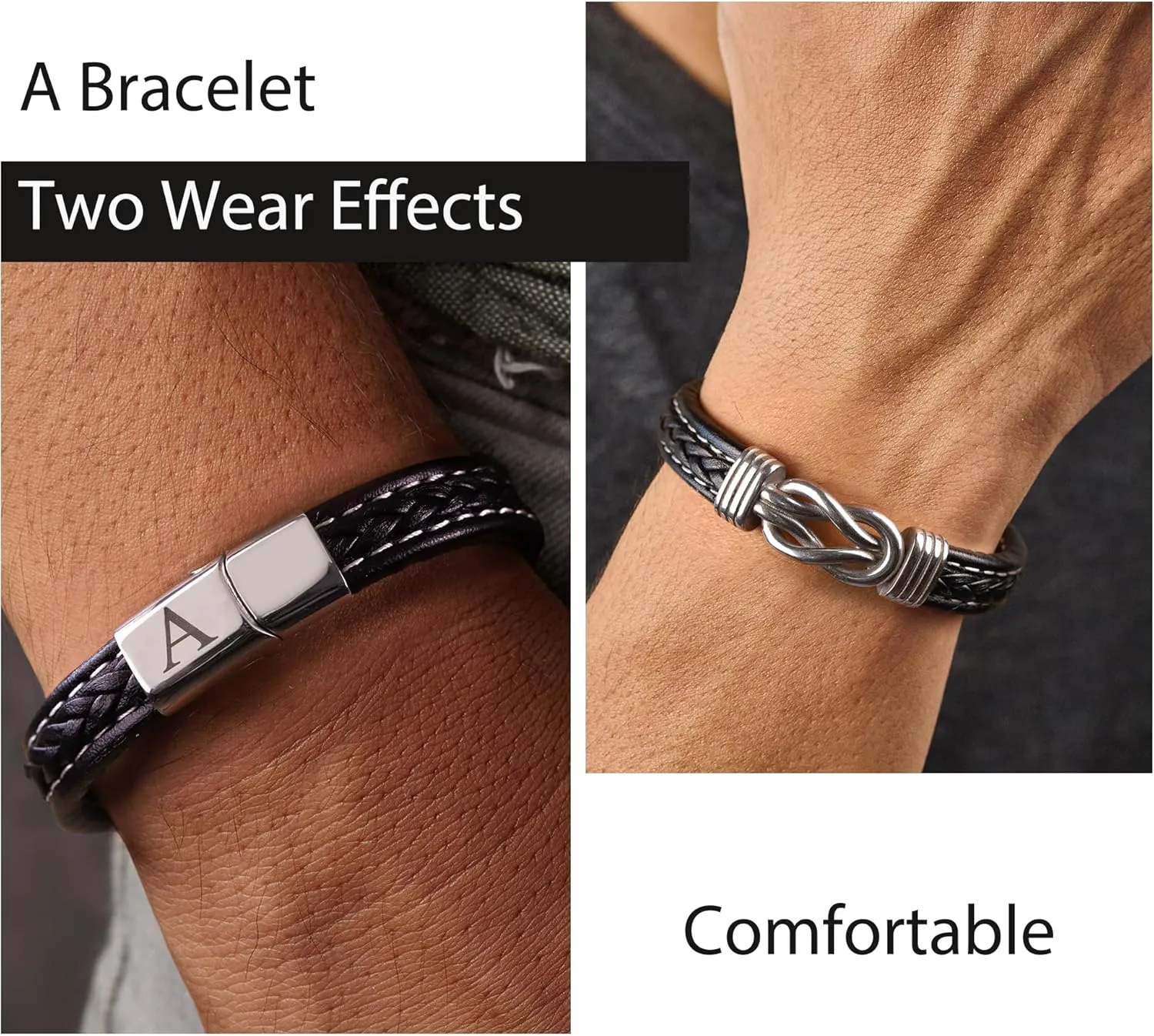 Fathers Gifts for Dad Grandpa Husband Son, Initial Leather Bracelet for Men, Stainless Steel Black Knot Bracelet for Mens Jewelry, Gifts for Men Teen Boys