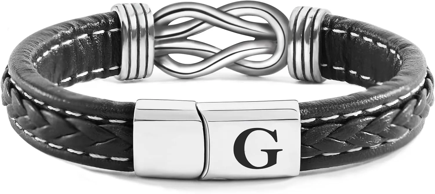 Fathers Gifts for Dad Grandpa Husband Son, Initial Leather Bracelet for Men, Stainless Steel Black Knot Bracelet for Mens Jewelry, Gifts for Men Teen Boys