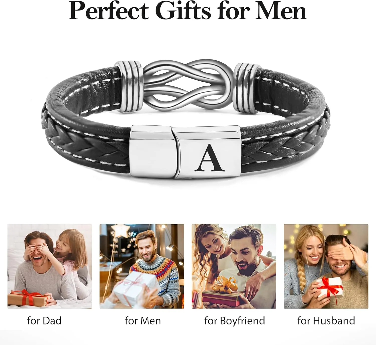 Fathers Gifts for Dad Grandpa Husband Son, Initial Leather Bracelet for Men, Stainless Steel Black Knot Bracelet for Mens Jewelry, Gifts for Men Teen Boys