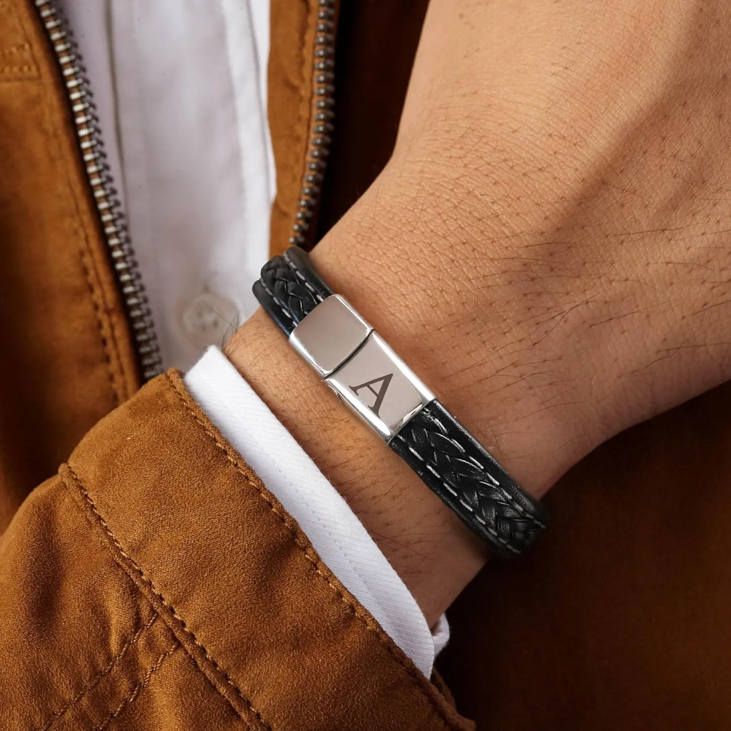 Fathers Gifts for Dad Grandpa Husband Son, Initial Leather Bracelet for Men, Stainless Steel Black Knot Bracelet for Mens Jewelry, Gifts for Men Teen Boys