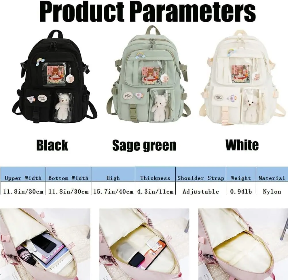 FETNHU Preppy Backpack, Kawaii Backpack with Kawaii Pin And Accessories for Girls School Cute Aesthetic Backpack (Black-A)