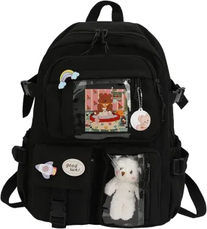 FETNHU Preppy Backpack, Kawaii Backpack with Kawaii Pin And Accessories for Girls School Cute Aesthetic Backpack (Black-A)