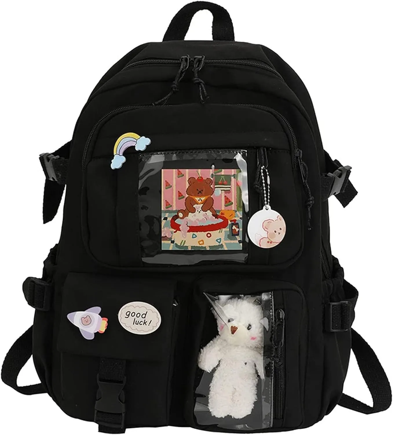FETNHU Preppy Backpack, Kawaii Backpack with Kawaii Pin And Accessories for Girls School Cute Aesthetic Backpack (Black-A)