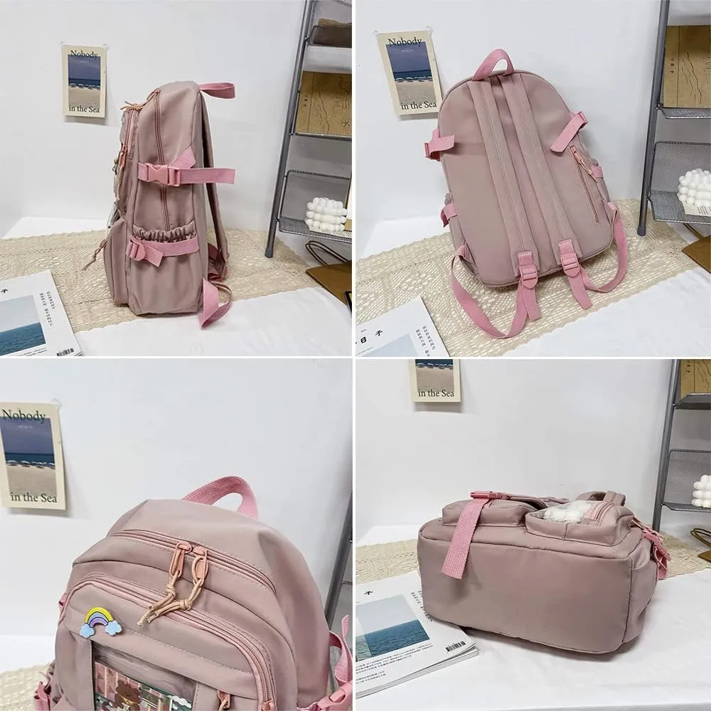 FETNHU Preppy Backpack, Kawaii Backpack with Kawaii Pin And Accessories for Girls School Cute Aesthetic Backpack (Black-A)