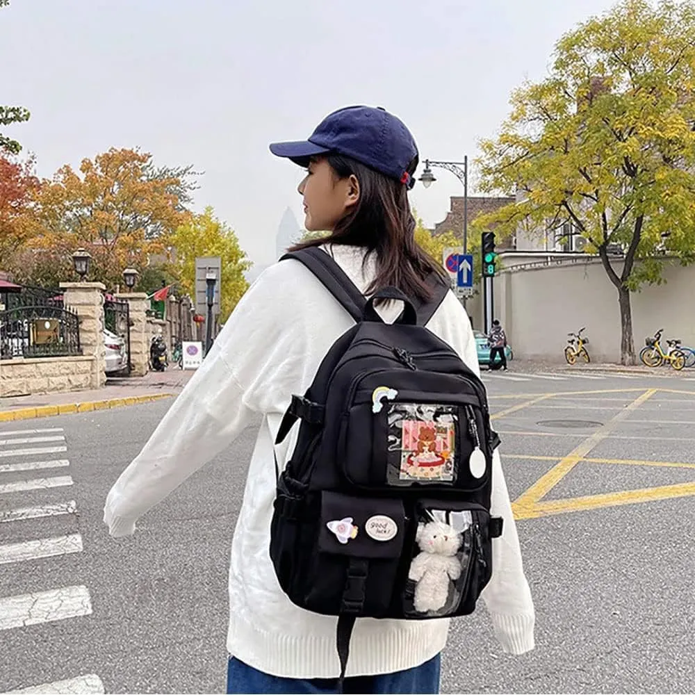 FETNHU Preppy Backpack, Kawaii Backpack with Kawaii Pin And Accessories for Girls School Cute Aesthetic Backpack (Black-A)