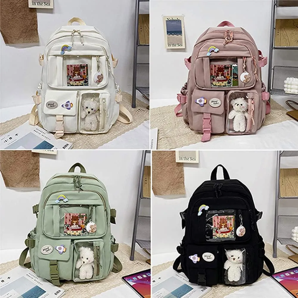FETNHU Preppy Backpack, Kawaii Backpack with Kawaii Pin And Accessories for Girls School Cute Aesthetic Backpack (Black-A)