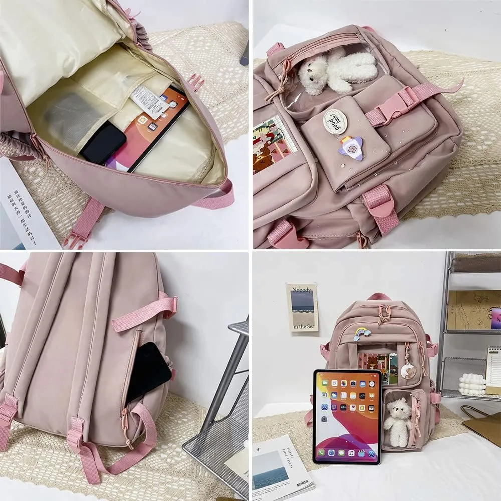 FETNHU Preppy Backpack, Kawaii Backpack with Kawaii Pin And Accessories for Girls School Cute Aesthetic Backpack (Black-A)