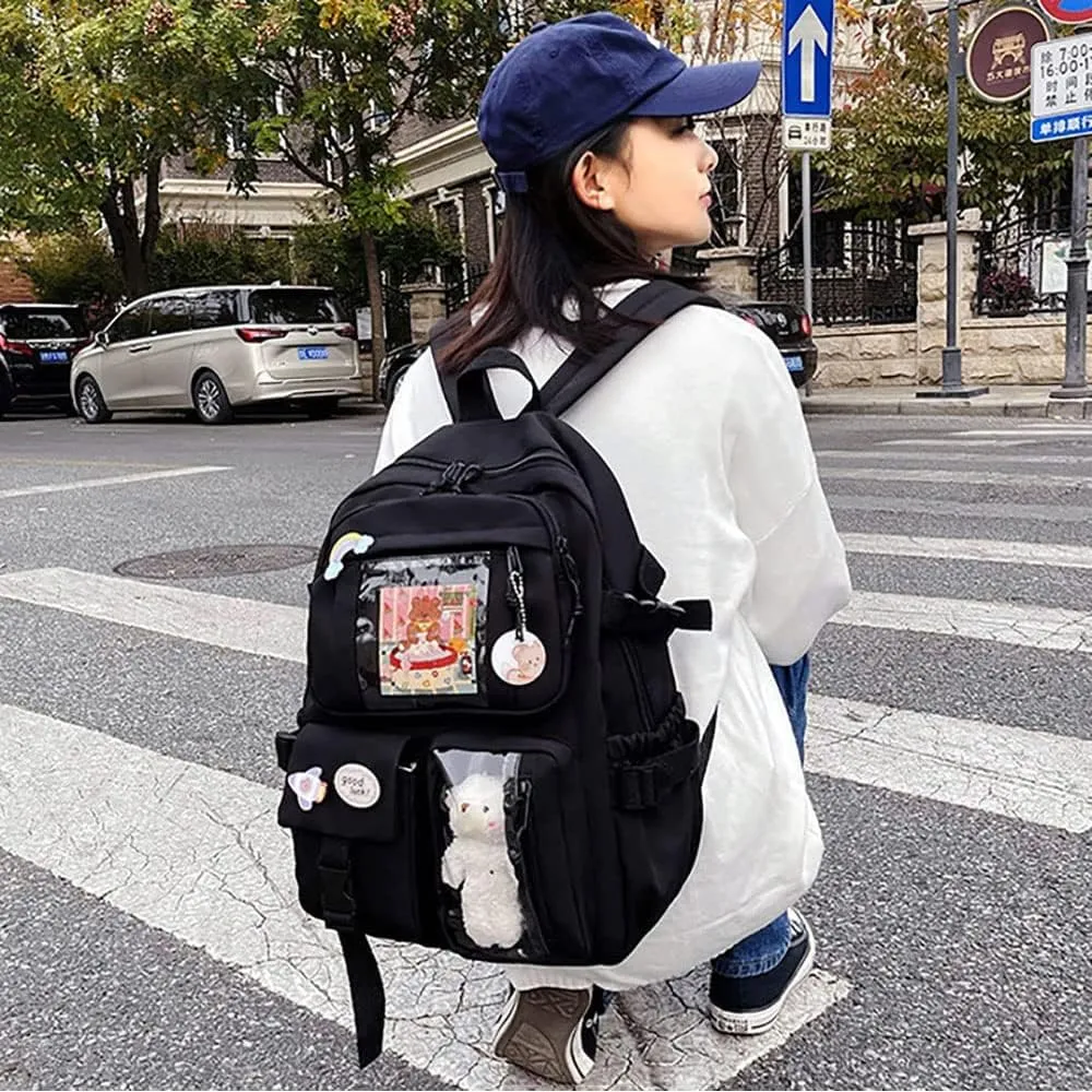 FETNHU Preppy Backpack, Kawaii Backpack with Kawaii Pin And Accessories for Girls School Cute Aesthetic Backpack (Black-A)
