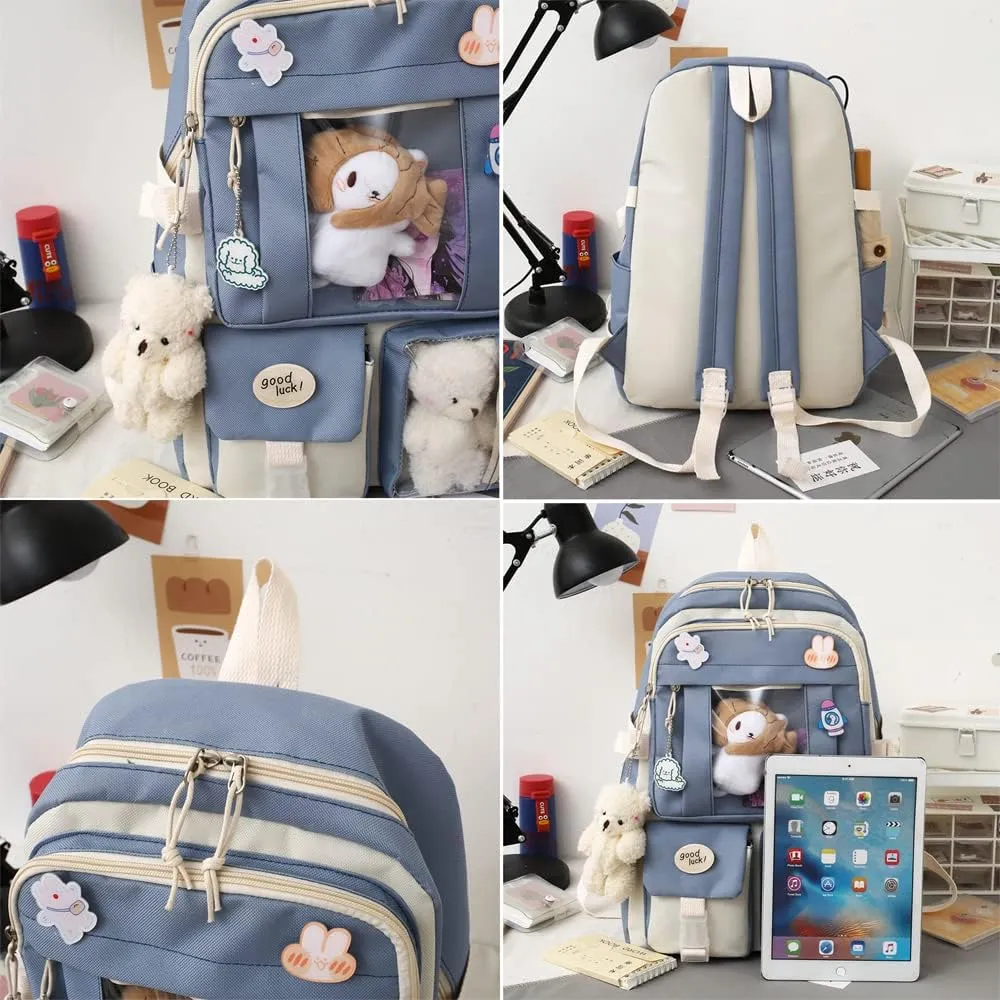 FETNHU Preppy Backpack, Kawaii Backpack with Kawaii Pin And Accessories for Girls School Cute Aesthetic Backpack (Green)