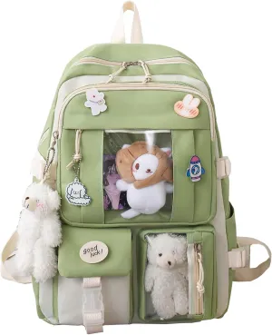 FETNHU Preppy Backpack, Kawaii Backpack with Kawaii Pin And Accessories for Girls School Cute Aesthetic Backpack (Green)