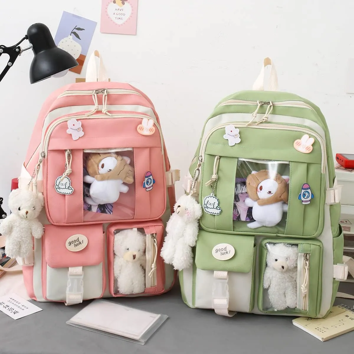 FETNHU Preppy Backpack, Kawaii Backpack with Kawaii Pin And Accessories for Girls School Cute Aesthetic Backpack (Green)