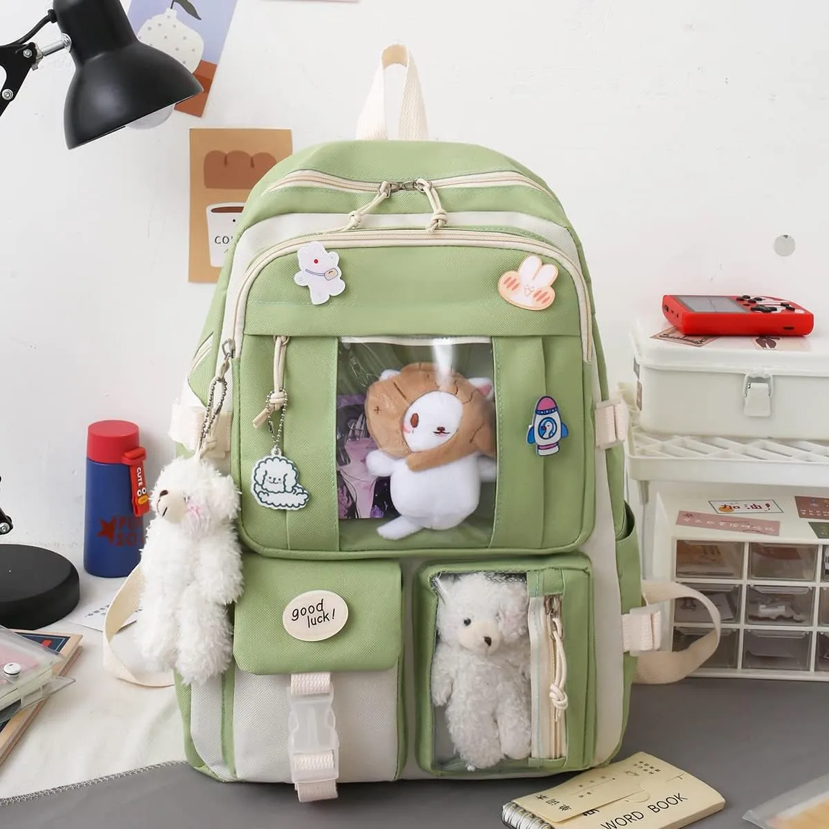 FETNHU Preppy Backpack, Kawaii Backpack with Kawaii Pin And Accessories for Girls School Cute Aesthetic Backpack (Green)