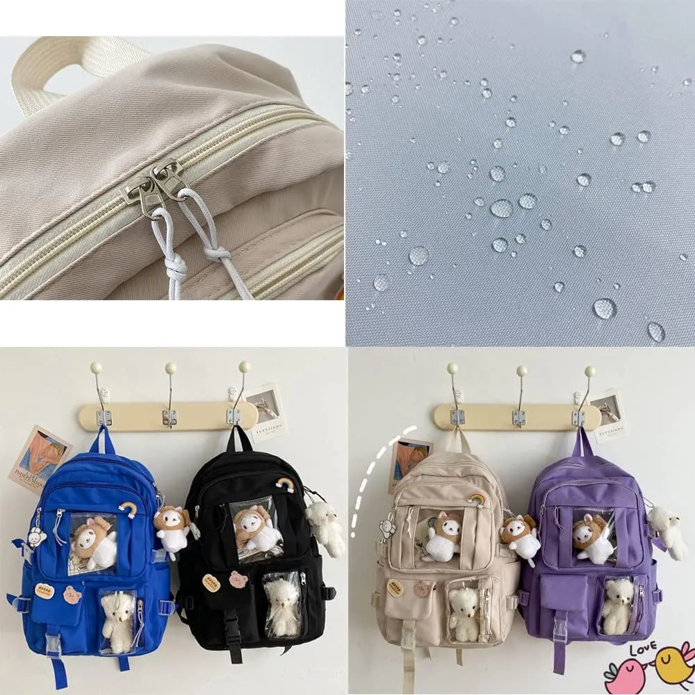 FETNHU Preppy Backpack, Kawaii Backpack with Kawaii Pin And Accessories for Girls School Cute Aesthetic Backpack (Khaki)