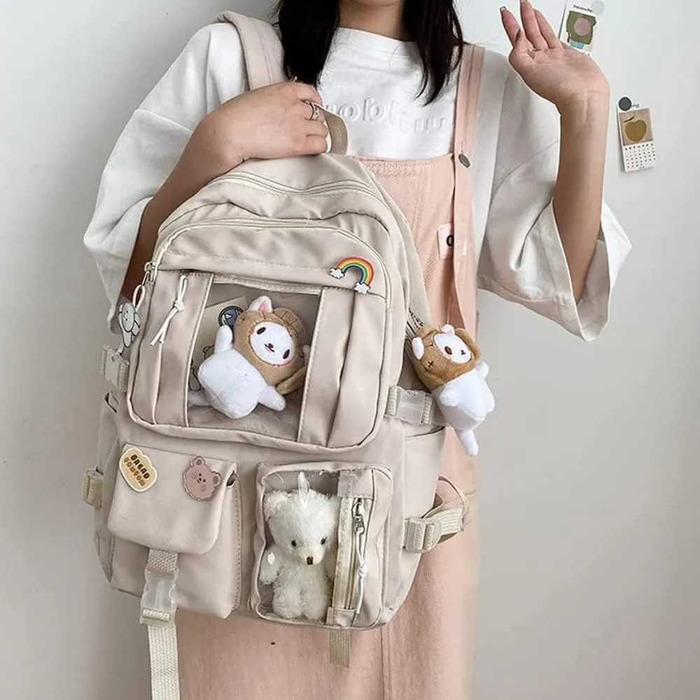 FETNHU Preppy Backpack, Kawaii Backpack with Kawaii Pin And Accessories for Girls School Cute Aesthetic Backpack (Khaki)