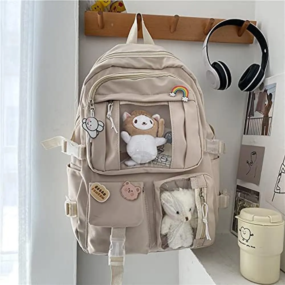 FETNHU Preppy Backpack, Kawaii Backpack with Kawaii Pin And Accessories for Girls School Cute Aesthetic Backpack (Khaki)