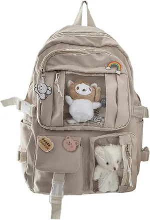 FETNHU Preppy Backpack, Kawaii Backpack with Kawaii Pin And Accessories for Girls School Cute Aesthetic Backpack (Khaki)